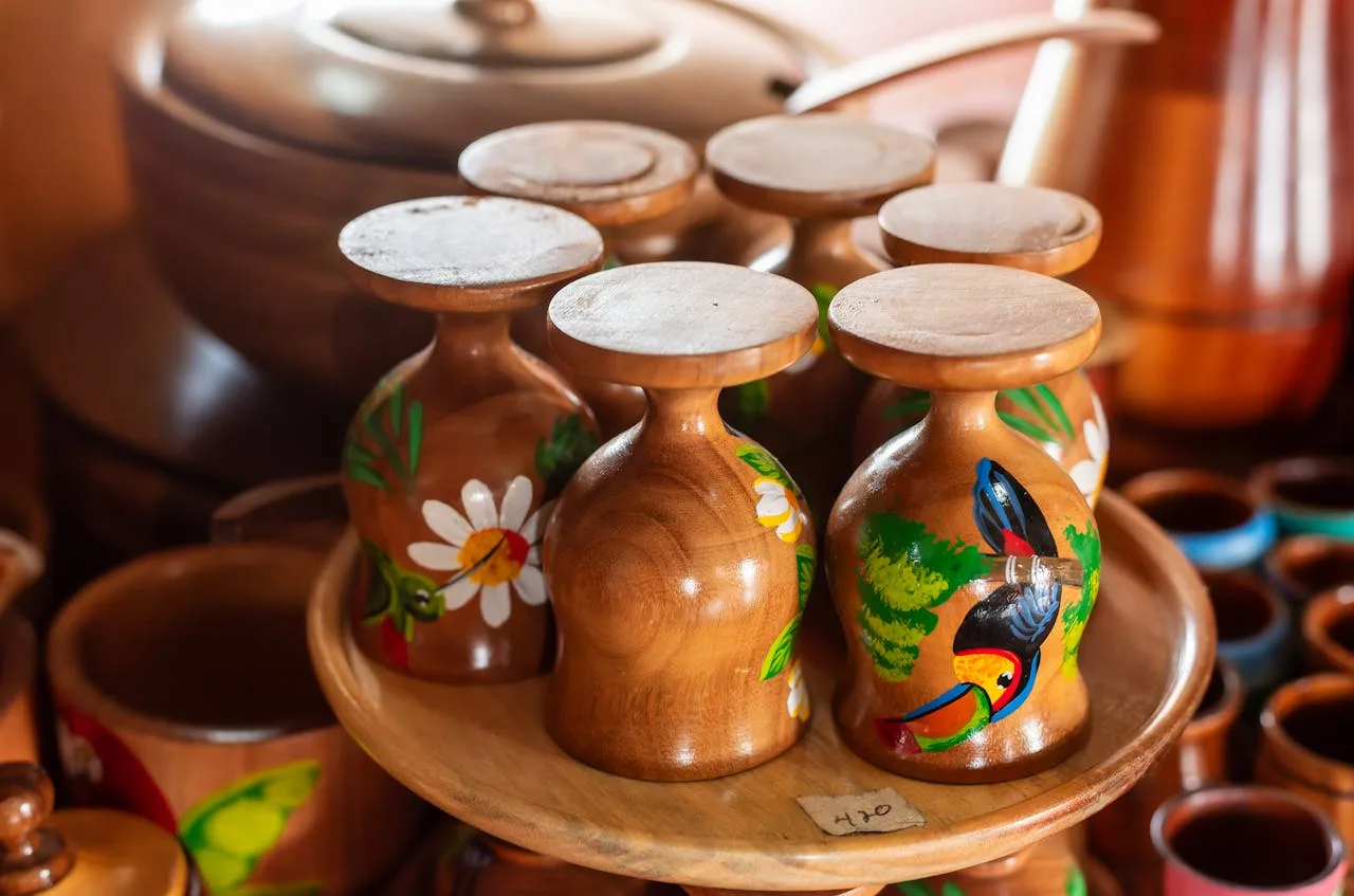 collection-05 Artistic wooden cups with tropical designs in Masaya, Nicaragua. A showcase of vibrant Nicaraguan craftsmanship.